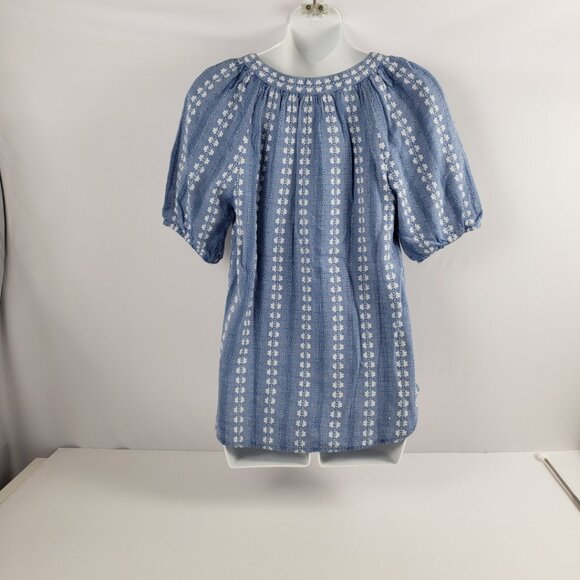 Loft XXS Blue White Embroidery Cotton Women Spring Blouse Top Short Sleeve - Picture 14 of 14